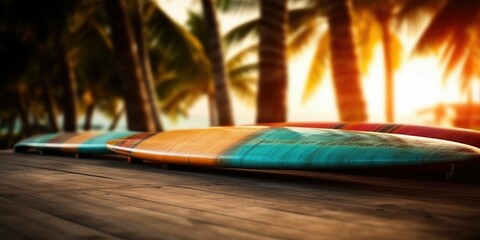 wooden table sunset beach with generative ai