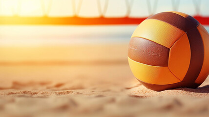AI generative image volleyball beach with the ball in first plane and a beach scene as background 