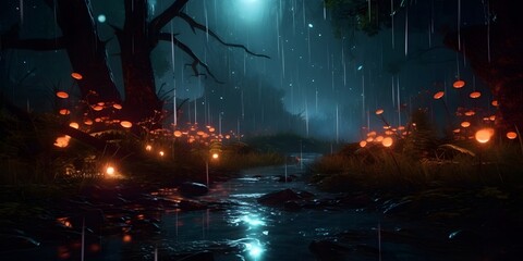 Gloomy fantasy forest scene at night with glowing lights