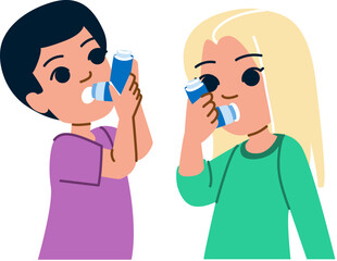 asthma kid vector. nebulizer child, inhaler girl, respiratory ill, person fever, flu cough asthma kid character. people flat cartoon illustration - obrazy, fototapety, plakaty
