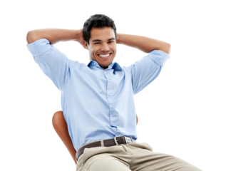 Relax, business and portrait of businessman on chair for work, corporate success and break. Smile, professional and a young employee resting from job on a seat isolated on transparent png background