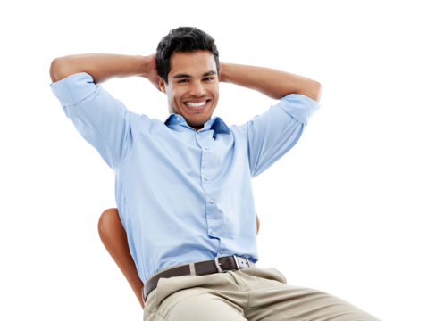 Relax, business and portrait of businessman on chair for work, corporate success and break. Smile, professional and a young employee resting from job on a seat isolated on transparent png background