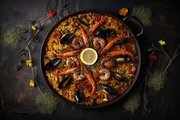 Obraz na płótnie Canvas Seafood Paella, Spanish Rice With Shrimp In Pan, Sea Food Paella, Abstract Generative AI Illustration