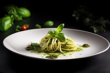 Pesto Spaghetti, Green Sauce Basil Pasta, Traditional Italian Spaghetti, Abstract Generative AI Illustration