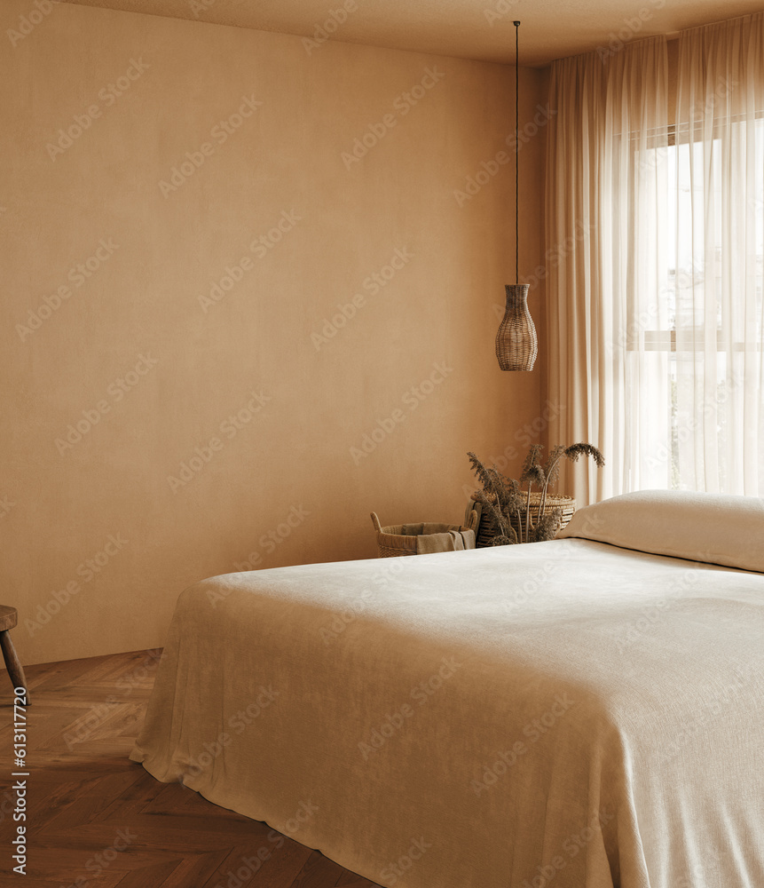 Wall mural Cozy beige Japandi bedroom interior, 3d render