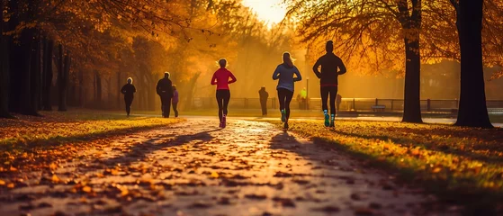 Zelfklevend Fotobehang A group of runners running at sunrise in the park during autumn. generative AI. © SITI