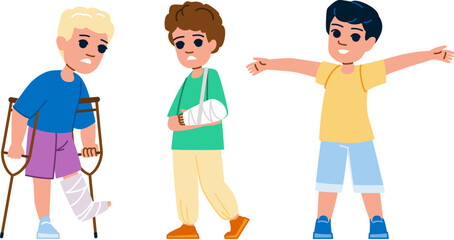 broken bone kid boy vector. child fracture, leg injured, arm accident, foot hospital, injury xray broken bone kid boy character. people flat cartoon illustration