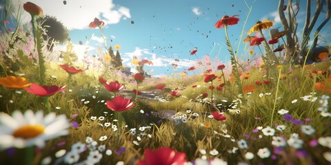 Illustration of a flower meadow in spring. Generative AI.