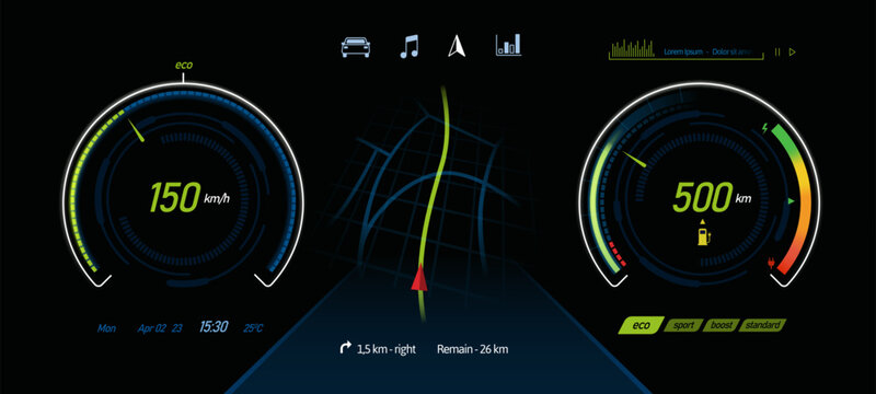 Electric car dashboard. EV auto ui with various indicators, pictogram icons and gauges for cars running on electric power vector illustration template