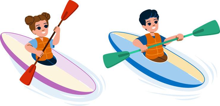 canoeing kid vector. kayak boat, river summer, family lake, camp fun, water children canoeing kid character. people flat cartoon illustration