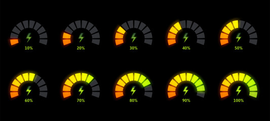 Power level indicator animation. Energy meter, battery gauge bar and animated charging progress with percentage vector template - obrazy, fototapety, plakaty