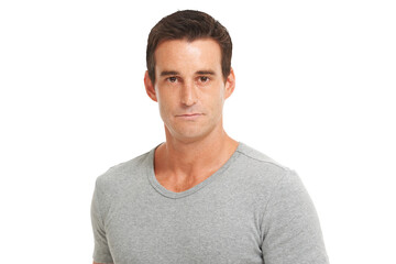 Fototapeta premium Serious, handsome and portrait of a mature man with a casual, trendy and stylish tshirt outfit. Confidence, face and headshot of a male model with cool style isolated by a transparent png background.