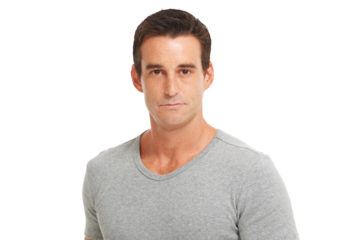Serious, handsome and portrait of a mature man with a casual, trendy and stylish tshirt outfit. Confidence, face and headshot of a male model with cool style isolated by a transparent png background.