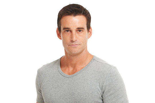 Serious, handsome and portrait of a mature man with a casual, trendy and stylish tshirt outfit. Confidence, face and headshot of a male model with cool style isolated by a transparent png background.