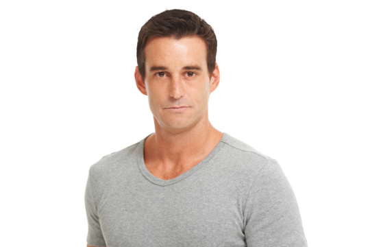 Serious, handsome and portrait of a mature man with a casual, trendy and stylish tshirt outfit. Confidence, face and headshot of a male model with cool style isolated by a transparent png background.