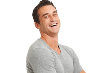 Face, laughing and portrait of a man with happiness, pride and casual fashion. Confident male model person with positive mindset to laugh for funny joke isolated on a transparent, png background