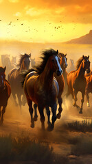 Horse herd run fast in desert dust against dramatic sunset sky, generative ai