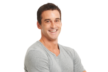Man, happy portrait and face with a smile, pride and casual fashion isolated on a transparent, png background. Confident, headshot and handsome male model person from Australia with positive mindset