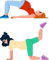 Obraz premium exercise pregnancy vector. woman yoga, sport mother, prenatal healthy, health baby, fitness training exercise pregnancy character. people flat cartoon illustration