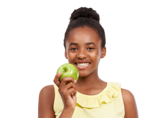 Apple, happy and healthy eating with teen girl isolated on a transparent, png background. Portrait of black child or teenager with fruit for health, wellness or nutrition for development and growth