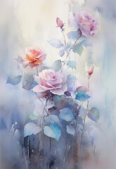 Watercolor composition with pink, white color rose and gray leaves.  