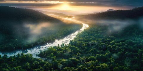 Fototapeta premium AI Generated. AI Generative. Beautiful green amazon forest landscape at sunset sunrise. Adventure explore air dron view vibe. Graphic Art