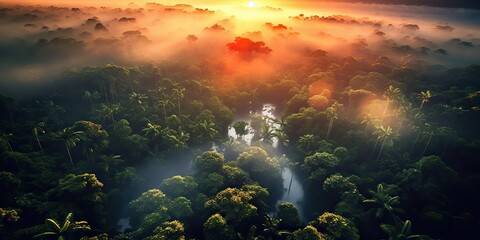 AI Generated. AI Generative. Beautiful green amazon forest landscape at sunset sunrise. Adventure explore air dron view vibe. Graphic Art