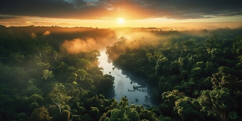 Fototapeta na wymiar AI Generated. AI Generative. Beautiful green amazon forest landscape at sunset sunrise. Adventure explore air dron view vibe. Graphic Art