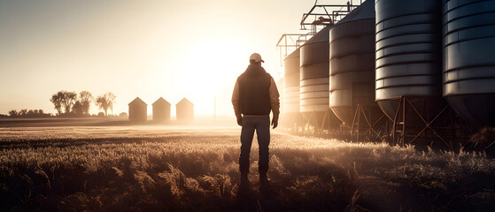 A farmer among grain silos and sunny agricultural fields, Genertive AI illustration