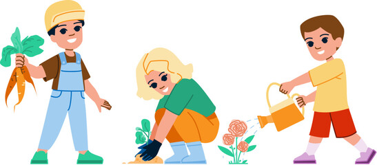 garden kids vector. kid happy, nature summer, family outside, fun plant, backyard spring garden kids character. people flat cartoon illustration