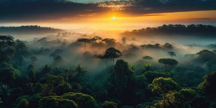 AI Generated. AI Generative. Beautiful green amazon forest landscape at sunset sunrise. Adventure explore air dron view vibe. Graphic Art