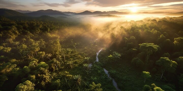 AI Generated. AI Generative. Beautiful green amazon forest landscape at sunset sunrise. Adventure explore air dron view vibe. Graphic Art