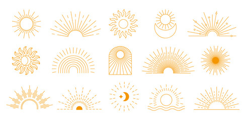 Bohemian sunburst. Sunrise symbol, sun and moon rays. Symbolic celestial boho motifs decoration elements vector set © WinWin