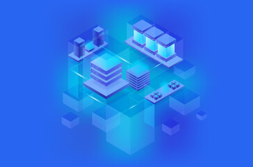 Fototapeta na wymiar Data center or server room processing data operation with security protection and maintenance with isometric design style - vector 