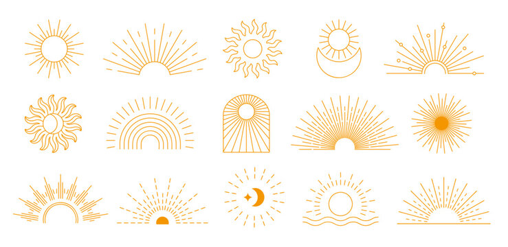 Bohemian sunburst. Sunrise symbol, sun and moon rays. Symbolic celestial boho motifs decoration elements vector set