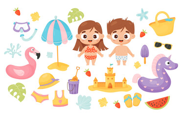 Summer time. Collection cute kids girl and boy with beach accessories and clothes, rubber flamingo, sunshade, sand castle and watermelon. Vector illustration in cartoon style. Isolated elements