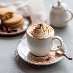 a cup of latte on a white background, with a dessert and a sugar bowl