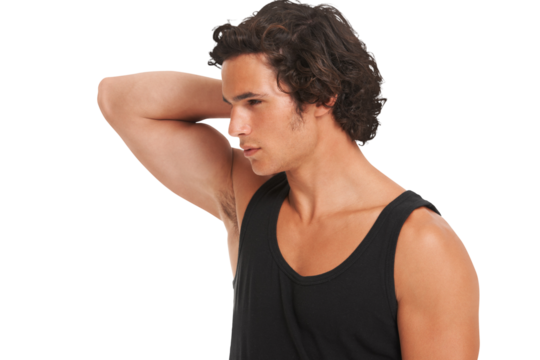 Sexy, man and hand touching hair in casual, cool fashion for weekend, holiday or relax on transparent, isolated or png background. Young, model and confident guy in college, university or student