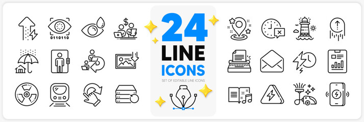 Icons set of Vacuum cleaner, Music book and Energy growing line icons pack for app with Download photo, Eye drops, Typewriter thin outline icon. Metro, Delegate work, Pin pictogram. Vector
