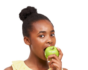 Apple, face and portrait of black girl eating healthy food isolated on a transparent PNG...
