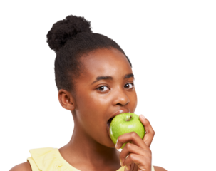 Apple, face and portrait of black girl eating healthy food isolated on a transparent PNG background. African female child, kid or teen biting organic fruit for health diet, fiber or natural nutrition