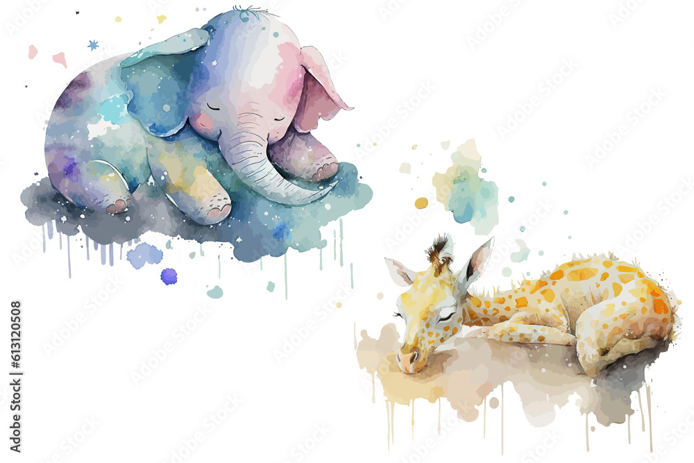 Canvas Prints Safari Animal set Cute giraffe and elephant sleeping on the moon in watercolor style. Isolated. Generative AI