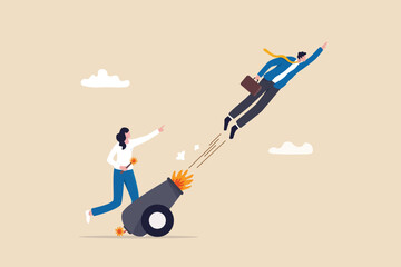 Coaching help boost career advancement, mentor or motivation to boost productivity, help or manager support for career development, entrepreneur launch, woman ignite cannon to launch businessman. - obrazy, fototapety, plakaty