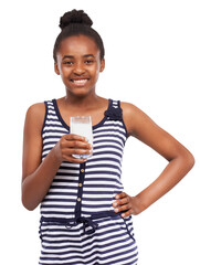 Happy black girl, portrait and glass milk for calcium or protein isolated on a transparent PNG background. African female teen smile with natural organic dairy drink for vitamin A, fiber or potassium