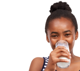 Happy black girl, portrait and drinking milk for calcium or protein isolated on a transparent PNG background. African female teen with natural organic dairy drink for vitamin A, fiber or potassium