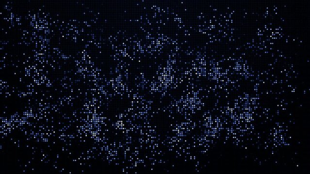 Rapid random flickering blue round pixel dots on dark background. Digital screen. Abstract looped animation.