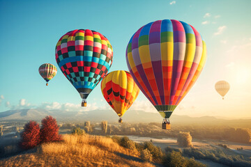 Obraz premium Colorful hot air balloons fly over green hills and tree-covered fields. Colorful hot air balloons on the blue sky with clouds are flying over the forest. Generative AI