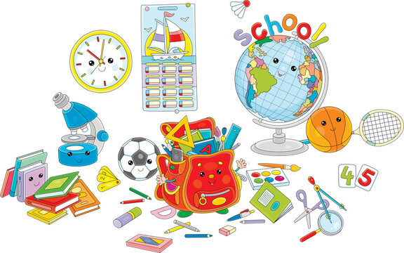 Set of funny Kawaii school objects with a schoolbag, globe, clock, balls, books and other classroom supplies, vector cartoon illustration on a white background