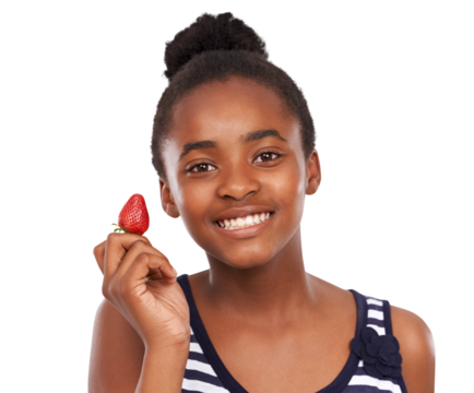Happy, portrait or teen girl with strawberry or healthy diet isolated on transparent png background. African child, smile or teenager eating fruit for wellness or nutrition for development or growth - Powered by Adobe