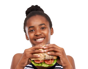 Portrait, sandwich and health with a black girl on a diet isolated on a transparent background for...